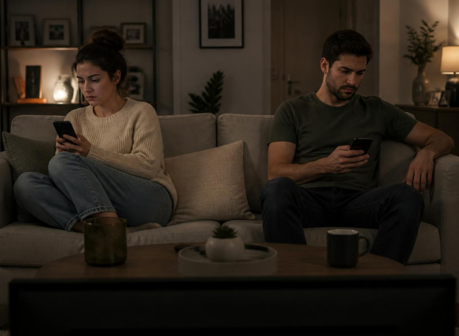 Un couple côte à côte sur le canapé, chacun sur son téléphone