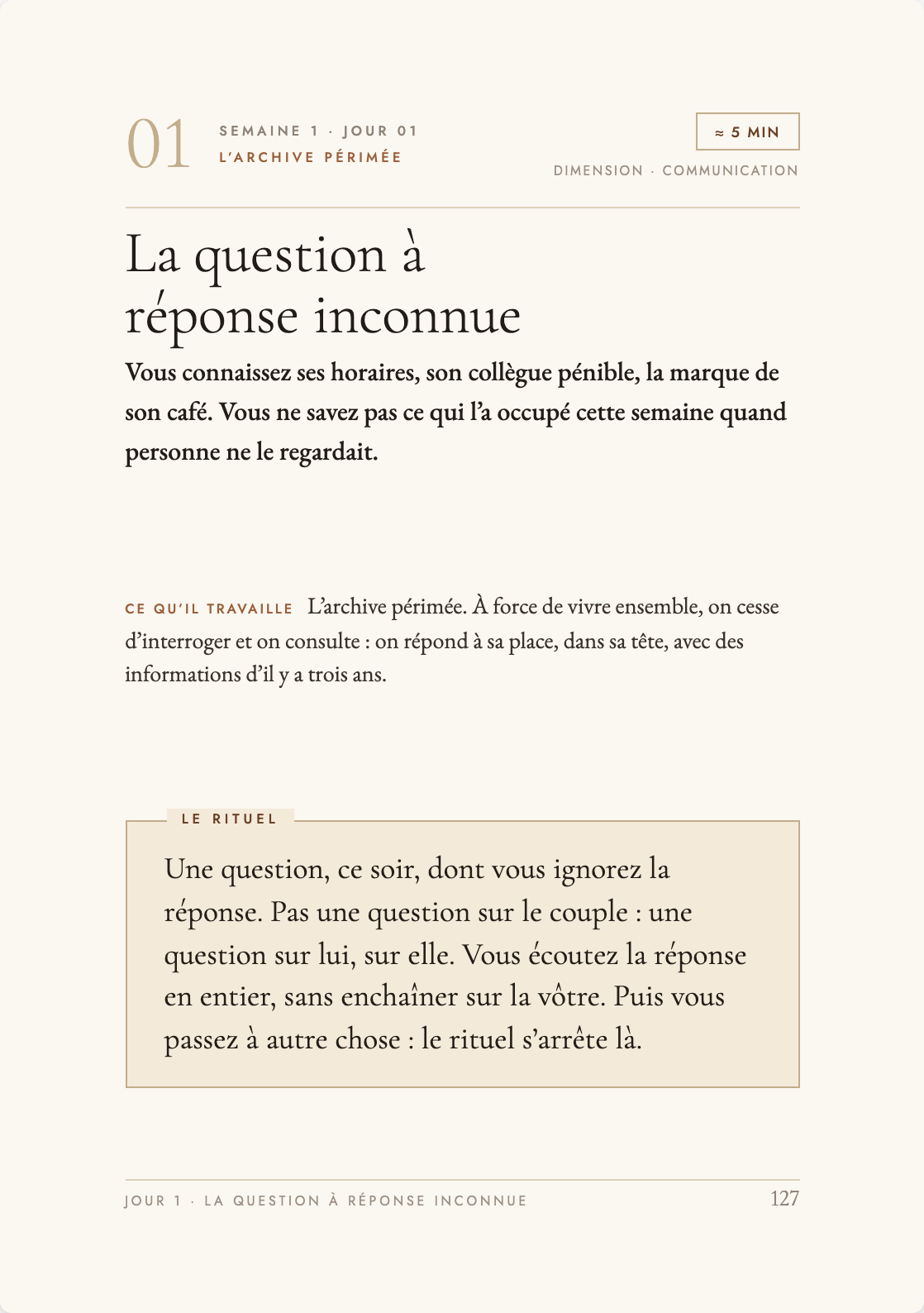 Page 127 du livre — jour 01, feuillet A : le geste du soir, sa raison, la version solo