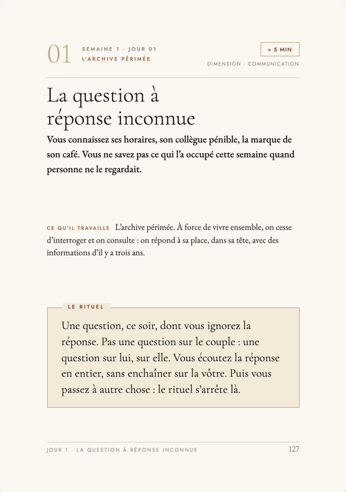 Page 127 du livre — jour 01, feuillet A : le geste du soir, sa raison, la version solo