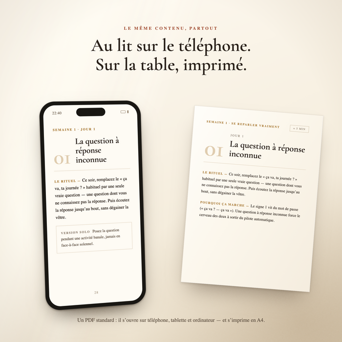 Le rituel du jour 1 affiché sur un téléphone et imprimé sur une page A4, côte à côte