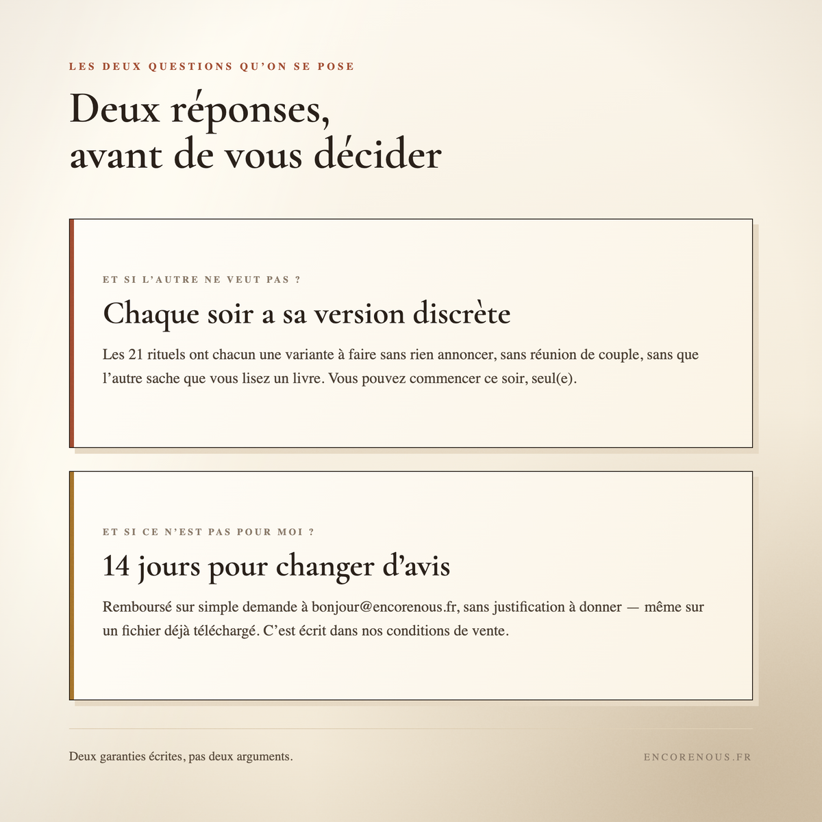 Commencer seul(e) : chaque rituel a sa version discrète, et 14 jours pour changer d'avis
